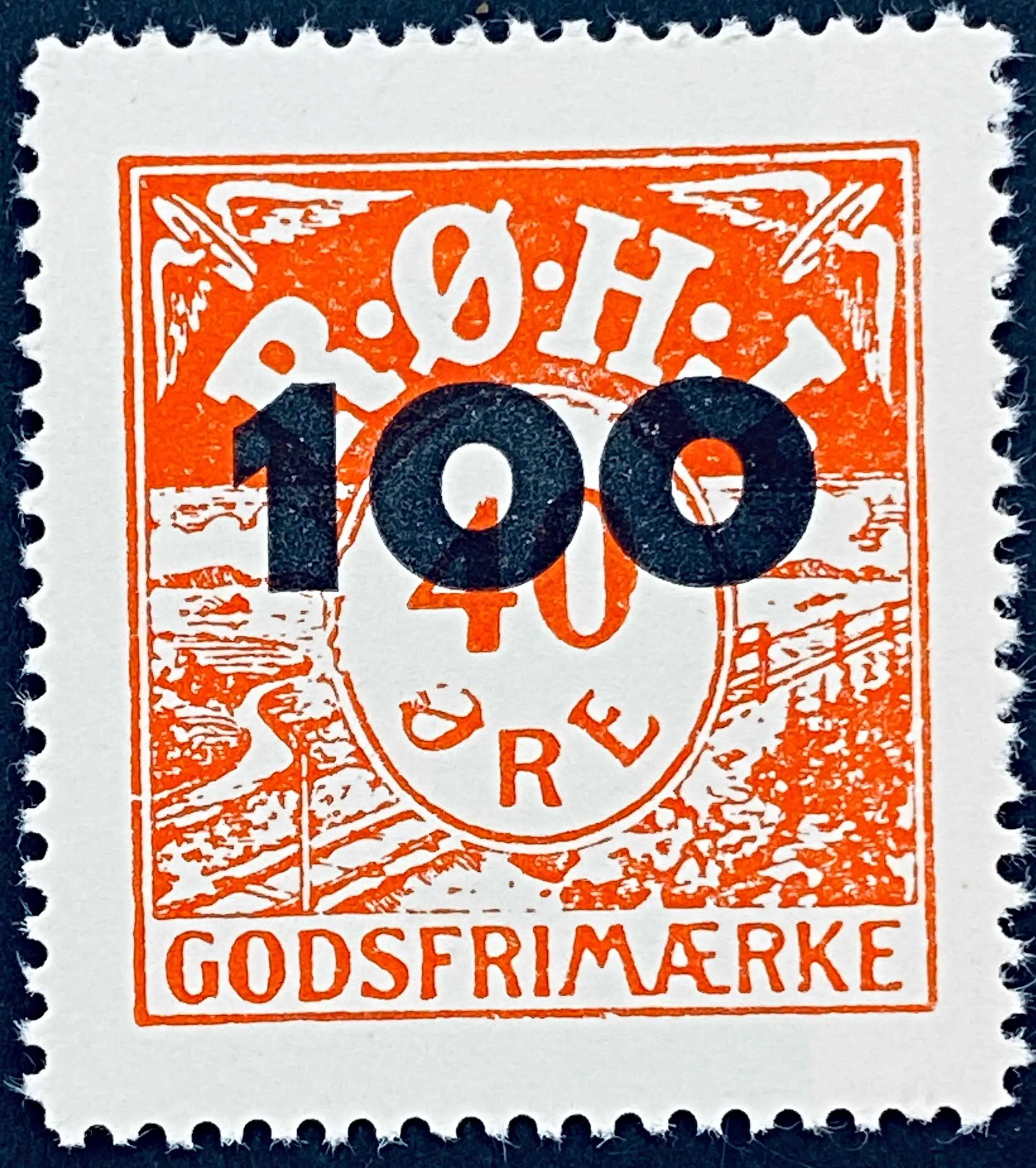 RØHJ 29A - Provisorium (overtryk) 100 øre sort bogtryk på 40 Øre - Rød nuance. RØHJ 29A - Provisorium (overtryk) 100 øre sort bogtryk på 40 Øre - Rød nuance.