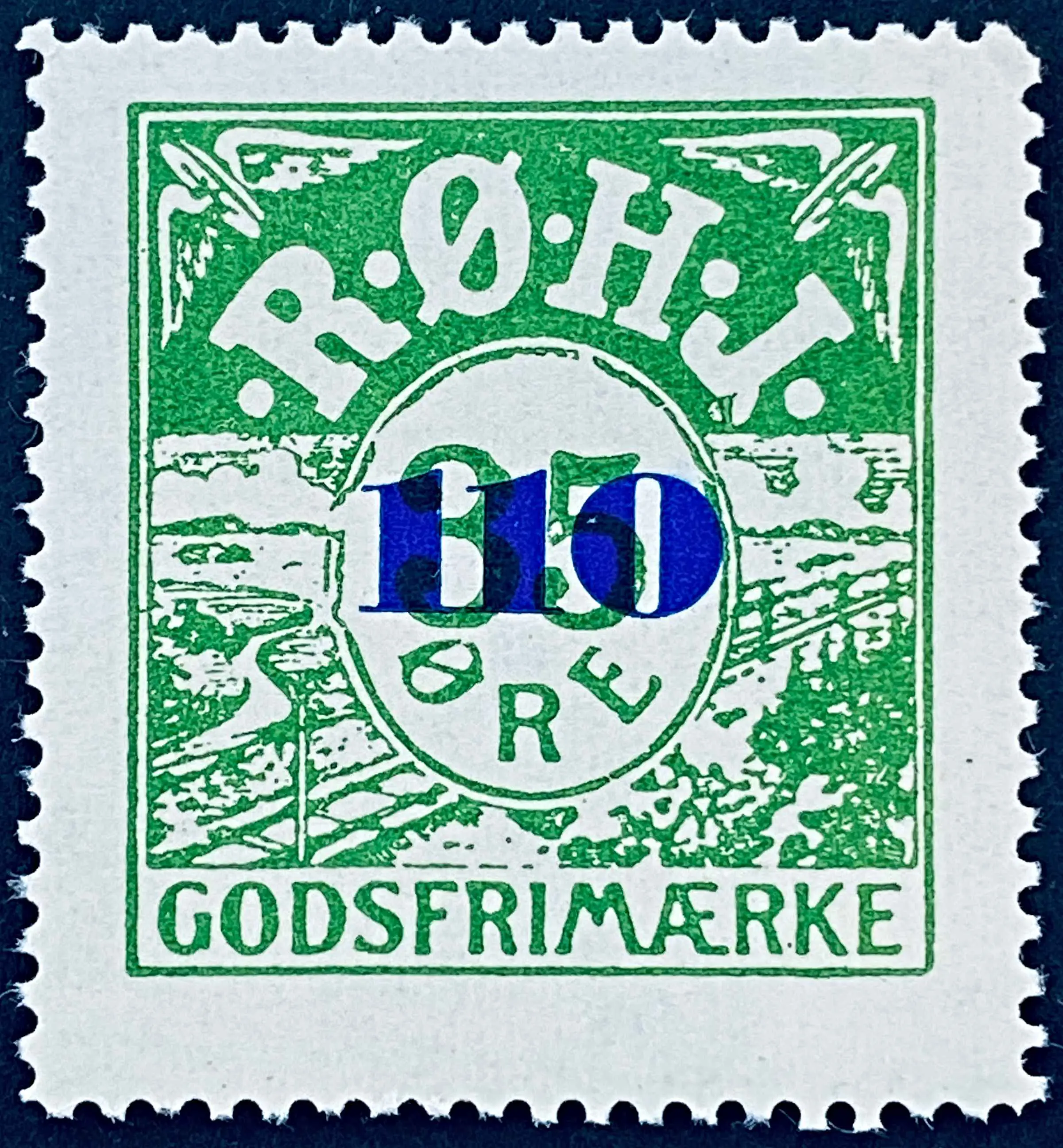 RØHJ 31A - Provisorium (overtryk) 110 Øre blåligt bogtryk på 35 Øre - Grøn nuance. RØHJ 31A - Provisorium (overtryk) 110 Øre blåligt bogtryk på 35 Øre - Grøn nuance.