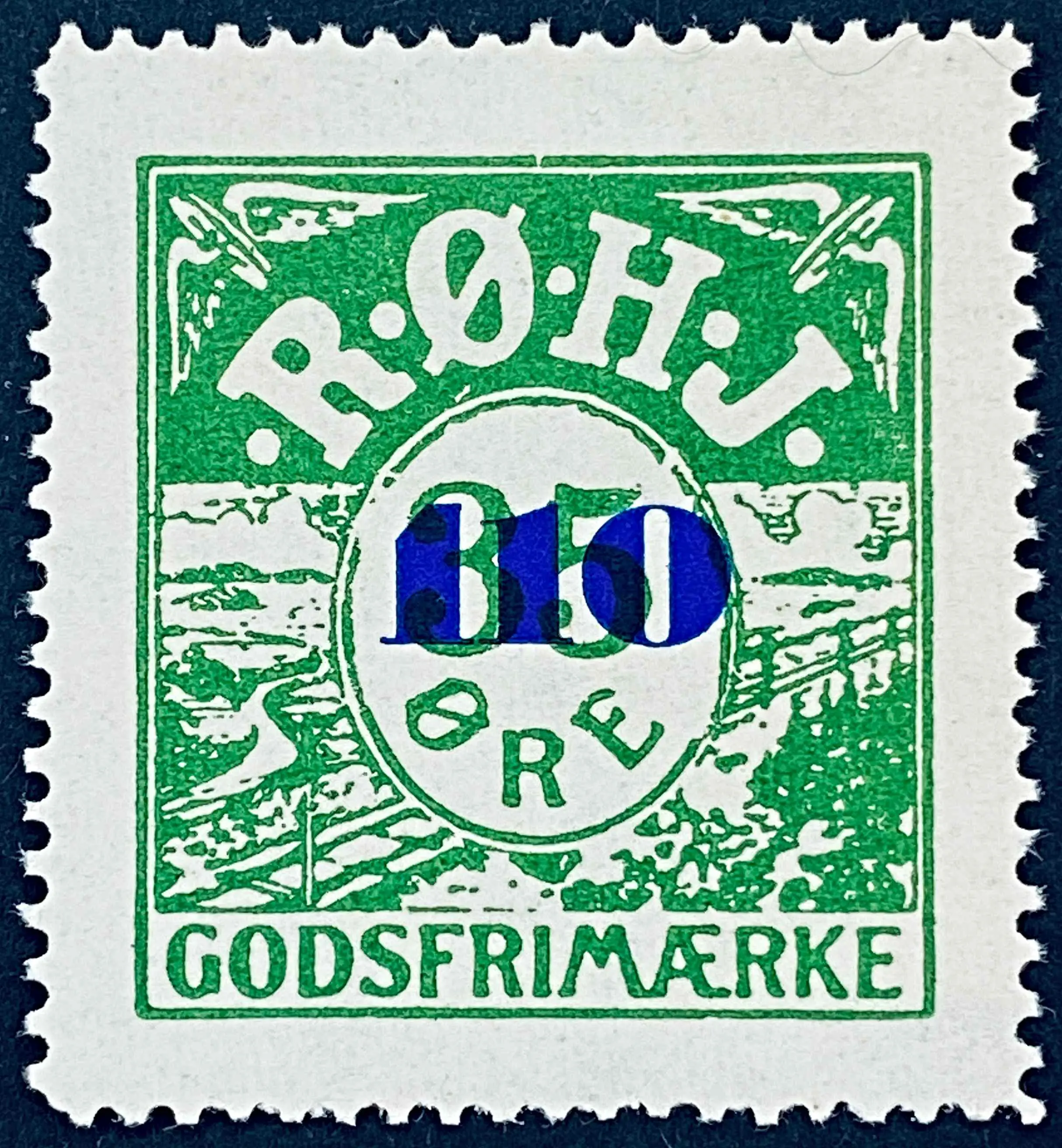 RØHJ 31B - Provisorium (overtryk) 110 Øre blåligt bogtryk på 35 Øre - Grøn nuance. RØHJ 31B - Provisorium (overtryk) 110 Øre blåligt bogtryk på 35 Øre - Grøn nuance.