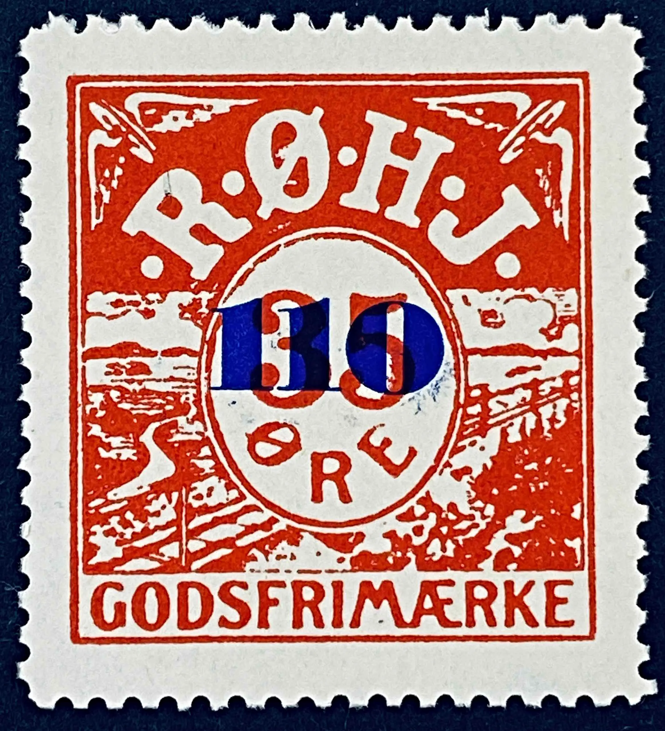 RØHJ 32A - Provisorium (overtryk) 110 Øre blåligt bogtryk på 35 Øre - Rød nuance. RØHJ 32A - Provisorium (overtryk) 110 Øre blåligt bogtryk på 35 Øre - Rød nuance.