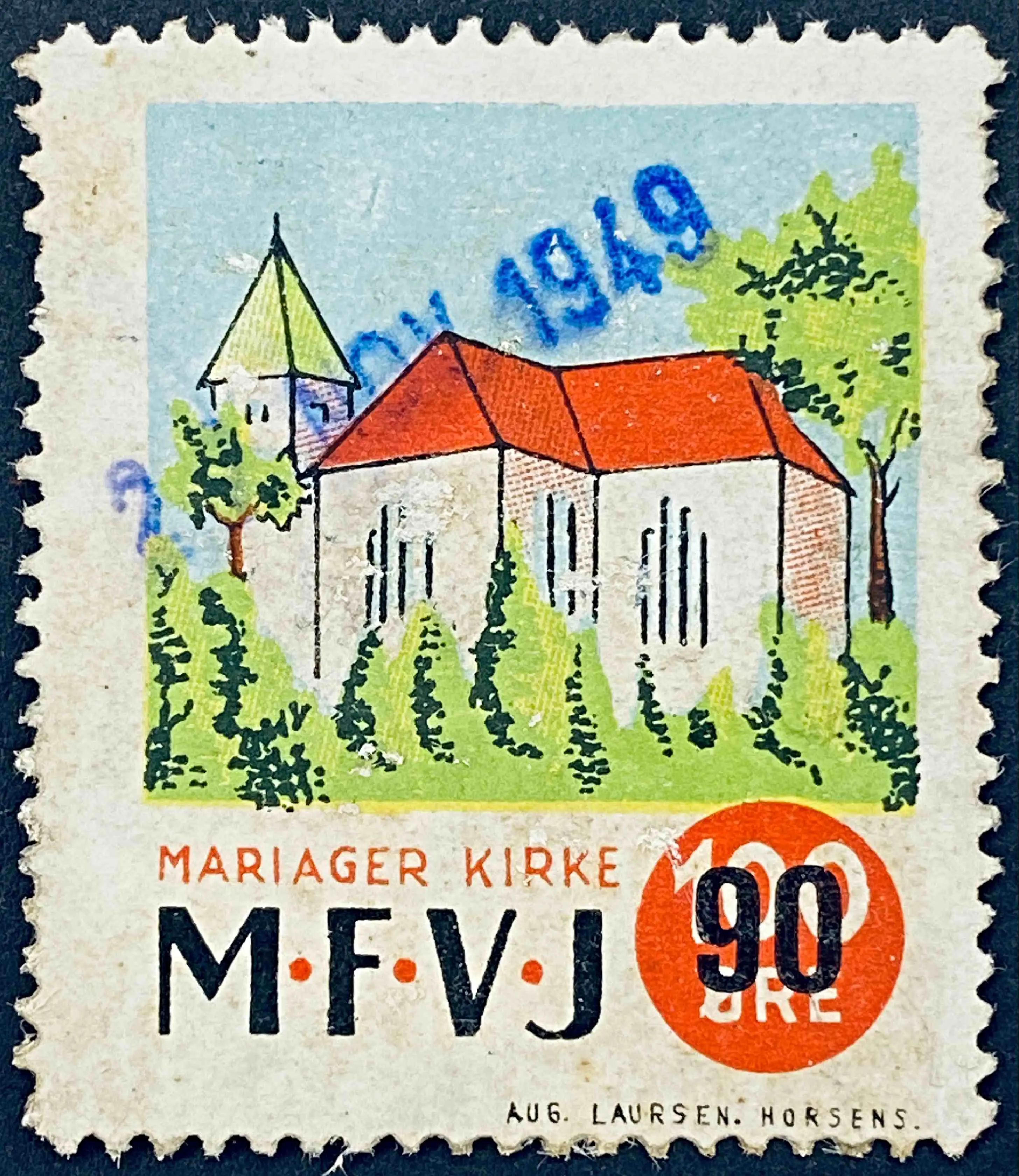 MFVJ 18B - Provisorium (overtryk) 90 Øre sort bogtryk på 100 Øre Motiv: Mariager Kirke - Flerfarvet - trykkeri: Aug Laursen: Horsens - banemærket er stemplet. MFVJ 18B - Provisorium (overtryk) 90 Øre sort bogtryk på 100 Øre Motiv: Mariager Kirke - Flerfarvet - trykkeri: Aug Laursen: Horsens - banemærket er stemplet.