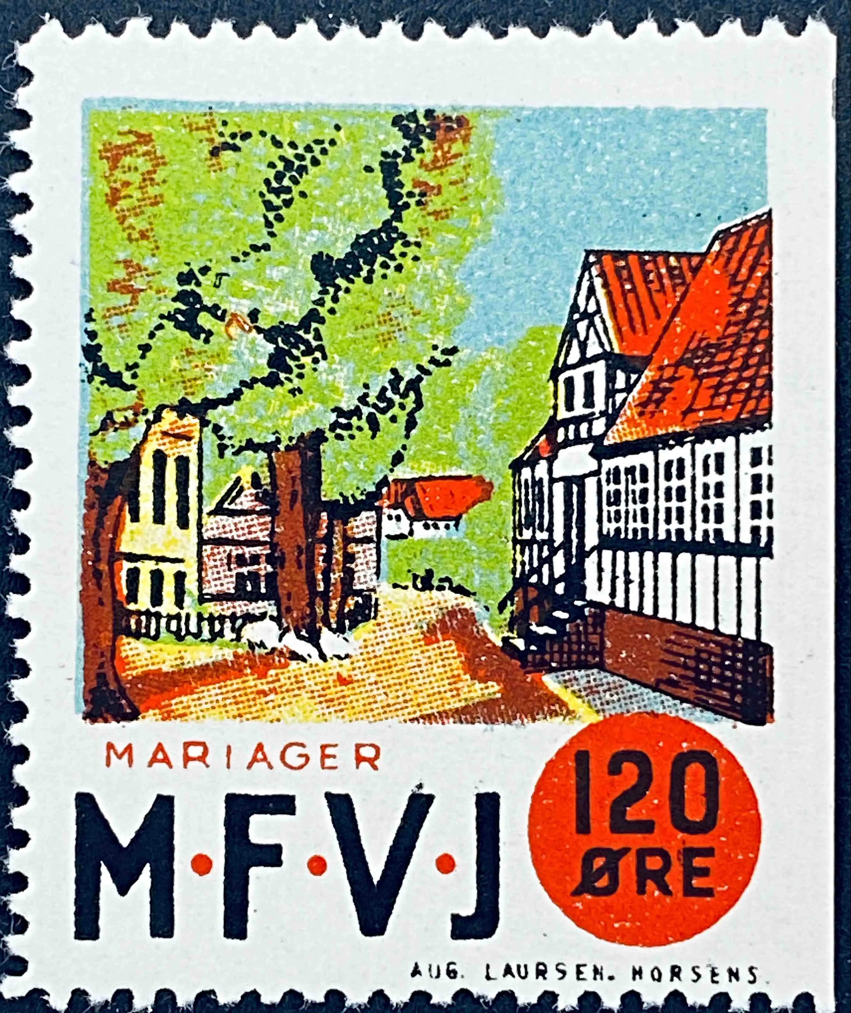 MFVJ 24 - 120 Øre Motiv: Mariager Torv - Flerfarvet - trykkeri: Aug. Laursen: Horsens. MFVJ 24 - 120 Øre Motiv: Mariager Torv - Flerfarvet - trykkeri: Aug. Laursen: Horsens.