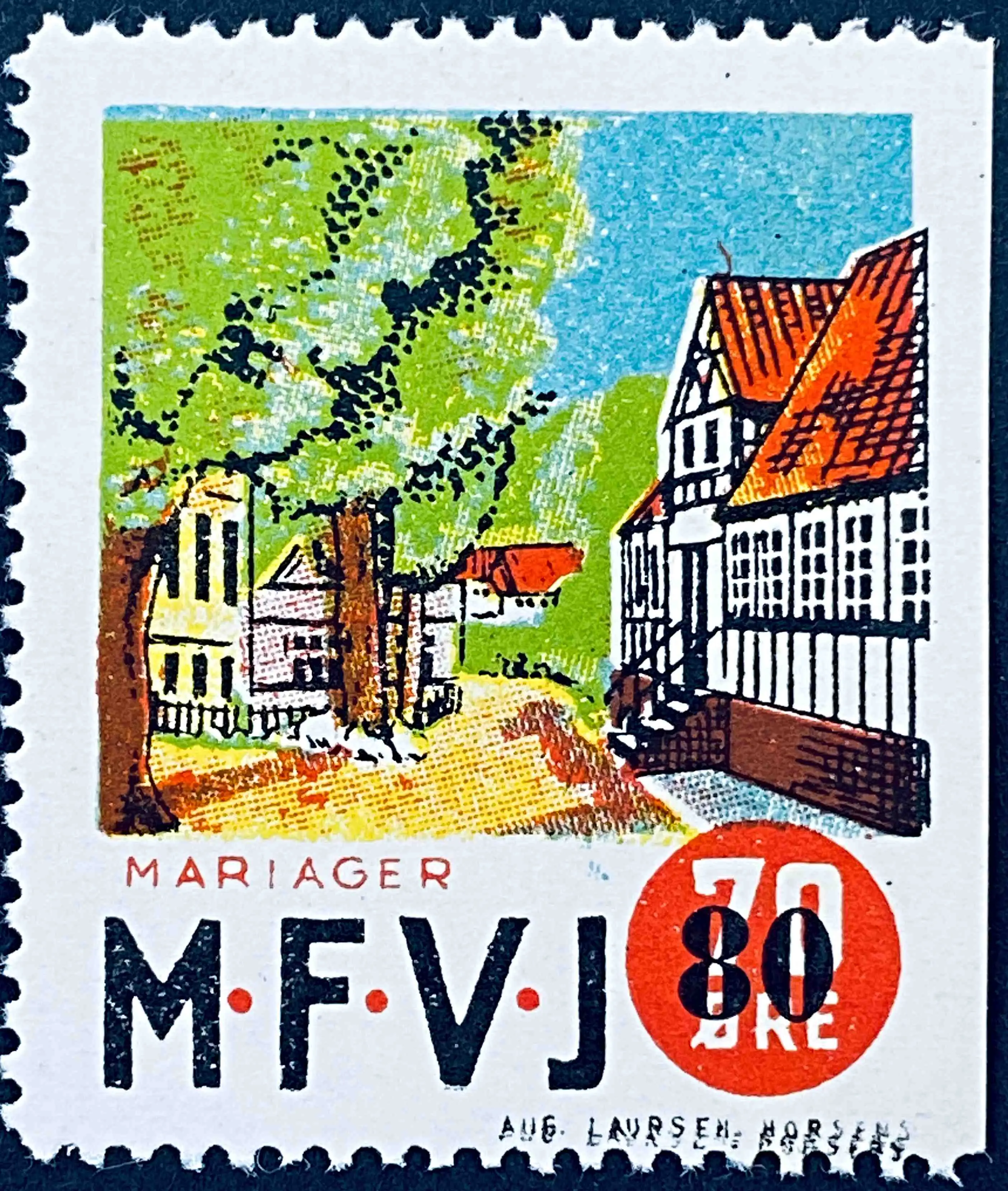 MFVJ 26 - Provisorium (overtryk) 80 Øre sort bogtryk på 70 Øre Motiv: Mariager Torv - Flerfarvet - trykkeri: Aug. Laursen: Horsens.