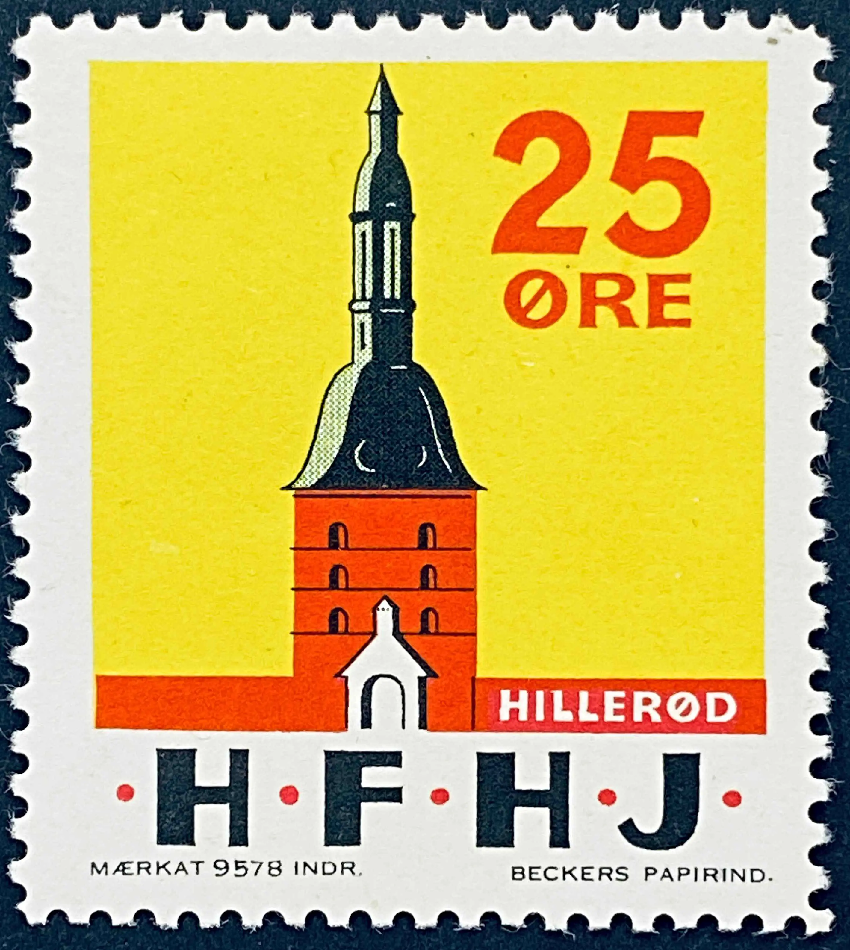 HFHJ 81 - 25 Øre Motiv: Hillerød slotstårn - Flerfarvet - trykkeri: Beckers Papirindustri A/S med mærke nummer: 9578. HFHJ 81 - 25 Øre Motiv: Hillerød slotstårn - Flerfarvet - trykkeri: Beckers Papirindustri A/S med mærke nummer: 9578.