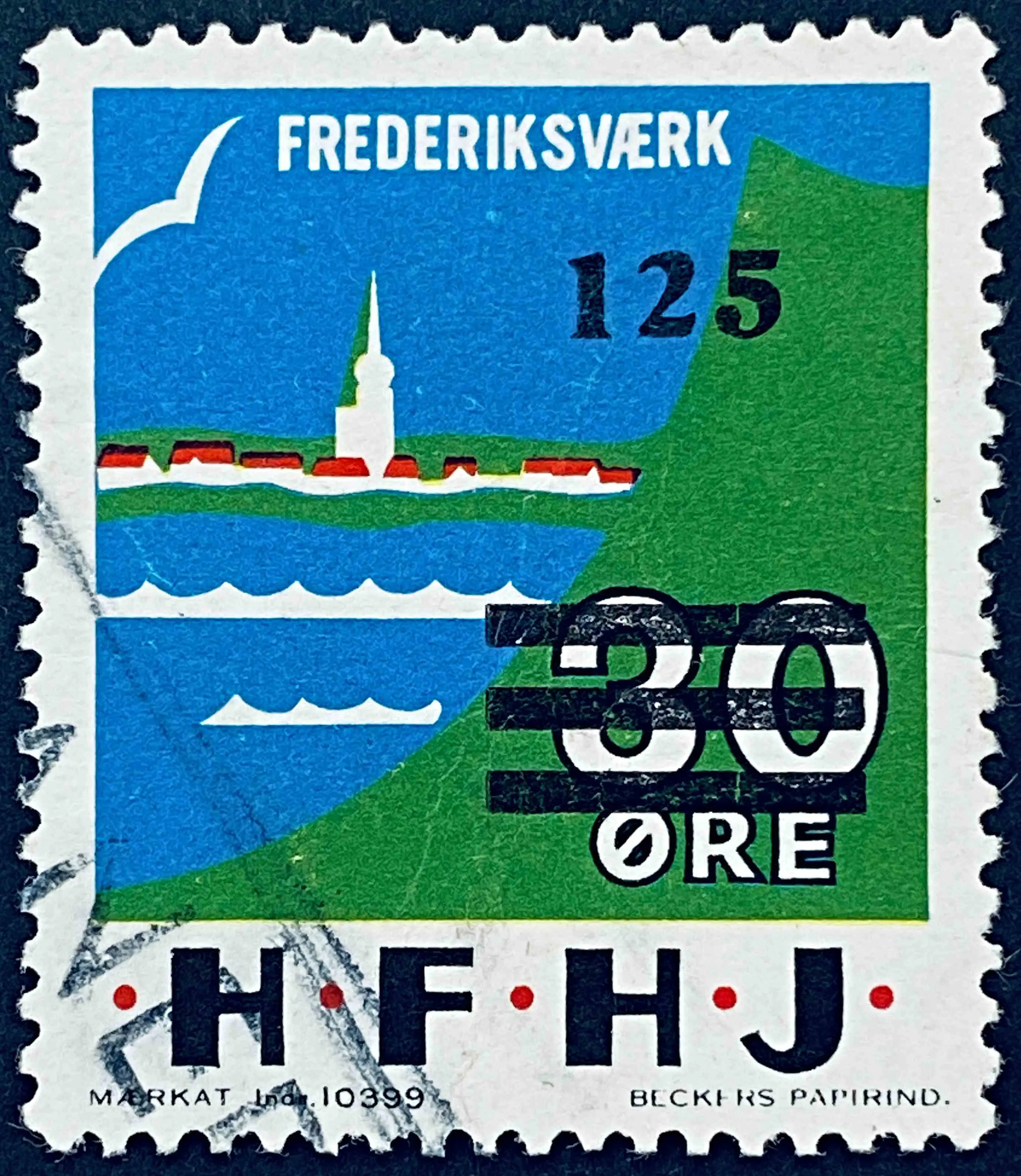 HFHJ 87A - Provisorium (overtryk) 125 Øre sort bogtryk på 30 Øre Motiv: Frederiksværk - Flerfarvet - trykkeri: Beckers Papirindustri A/S med mærke nummer: 10399 - banemærket er stemplet.
