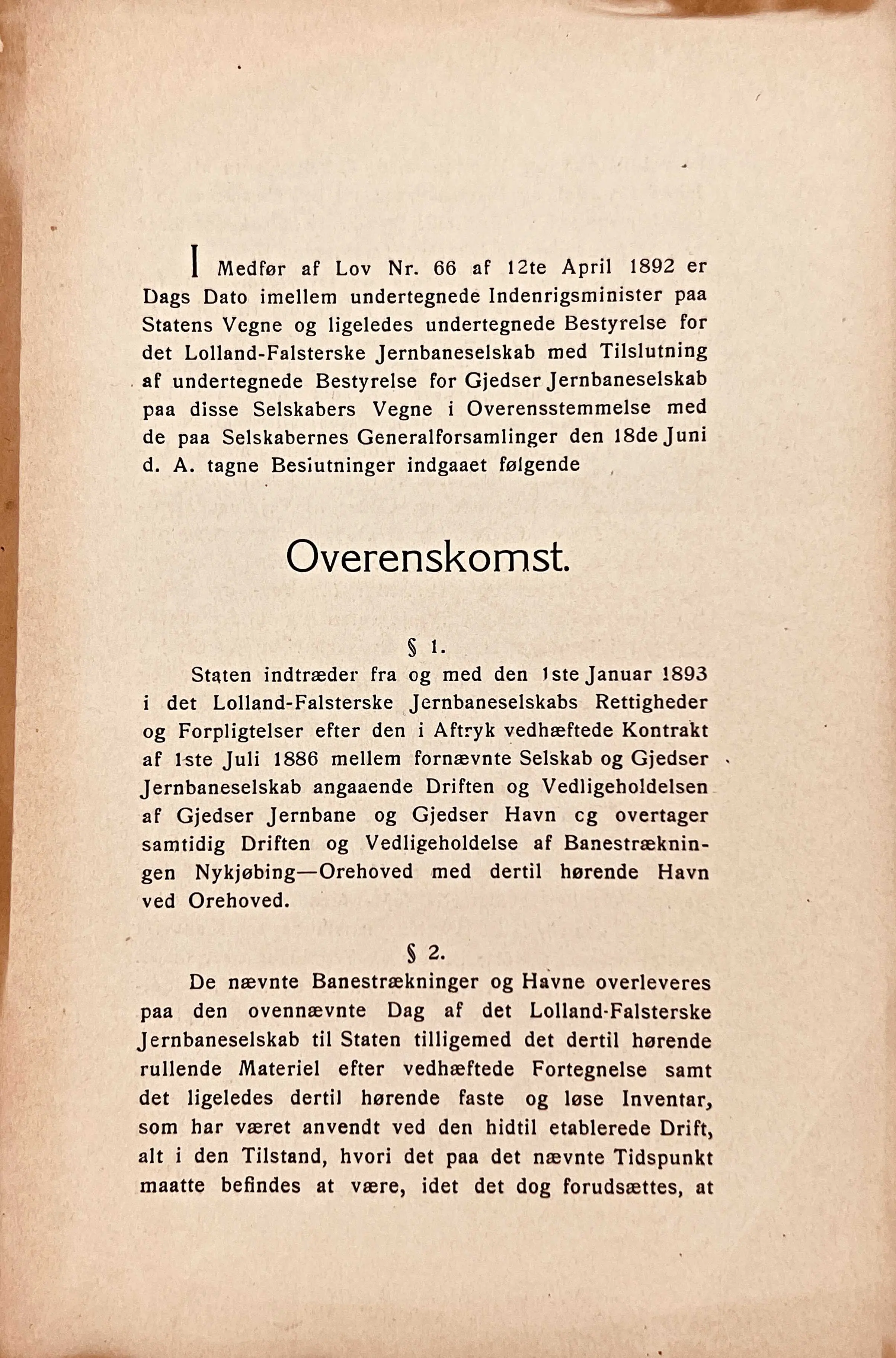 Overenskomst mellem det Lolland-Falsterske Jernbaneselskab og Bestyrrelsen for Gjedser Jernbaneselskab angaaende Tilslutningsaftale