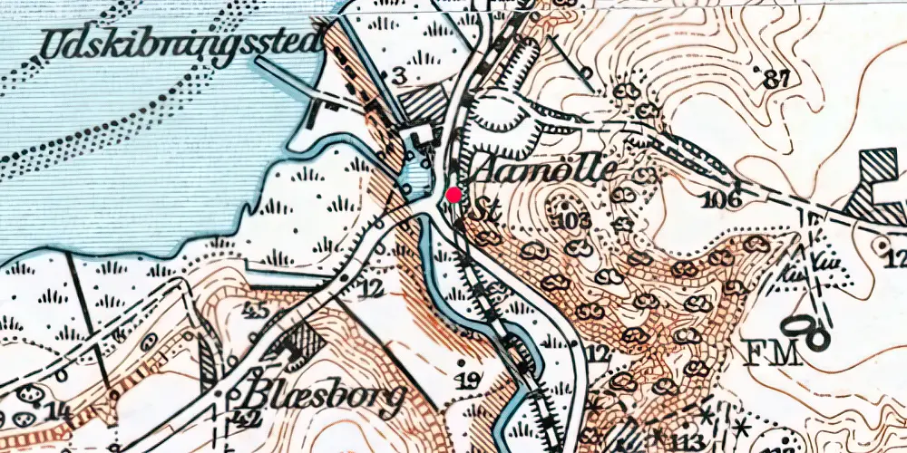 Historisk kort over Åmølle Trinbræt med Sidespor