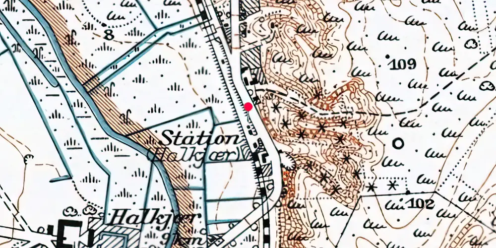 Historisk kort over Halkær Holdeplads med sidespor [1899-1968]