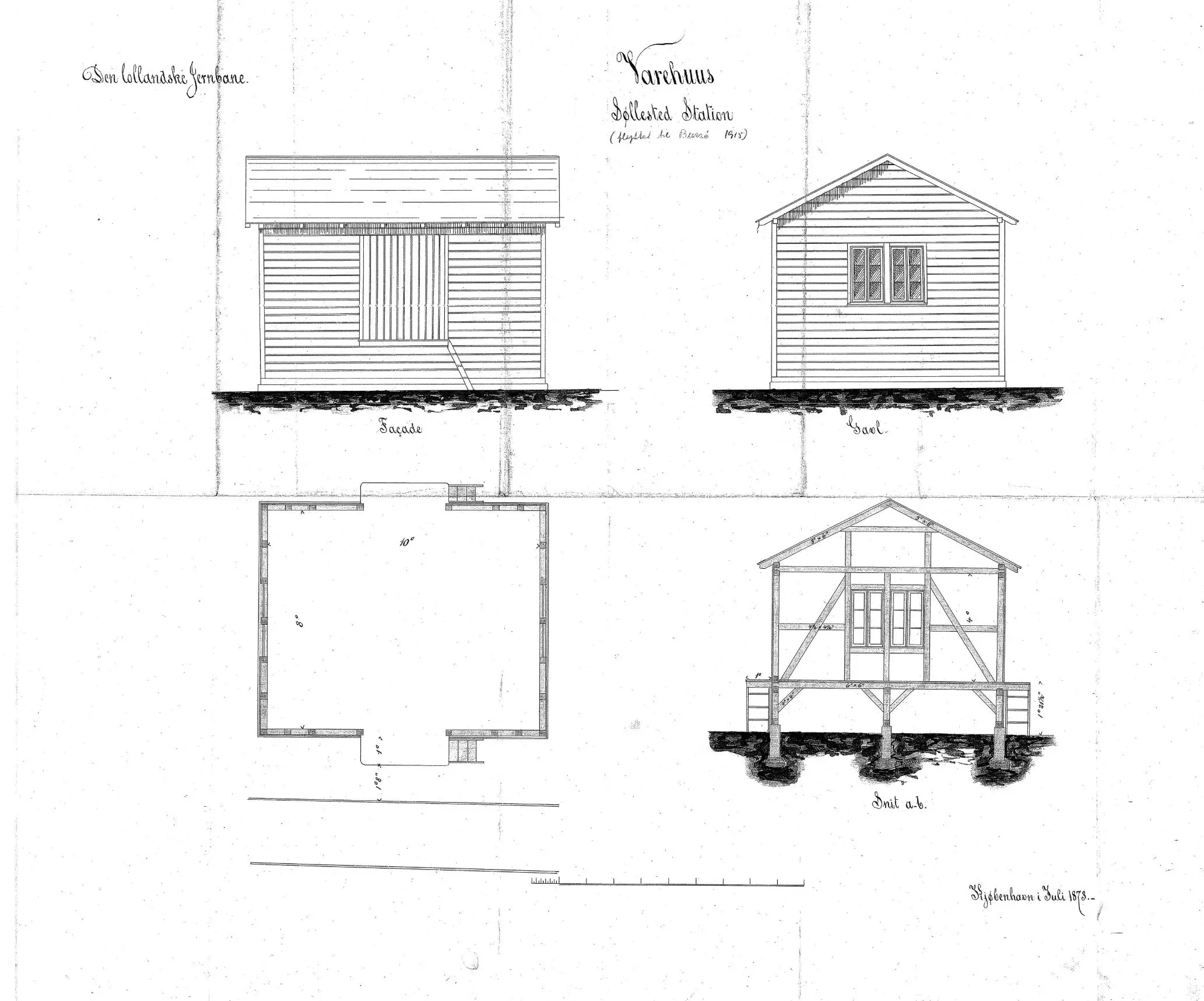 Tegning af Søllested Stations pakhus - Det oprindelige pakhus blev flyttet til Bursø Station i 1915.