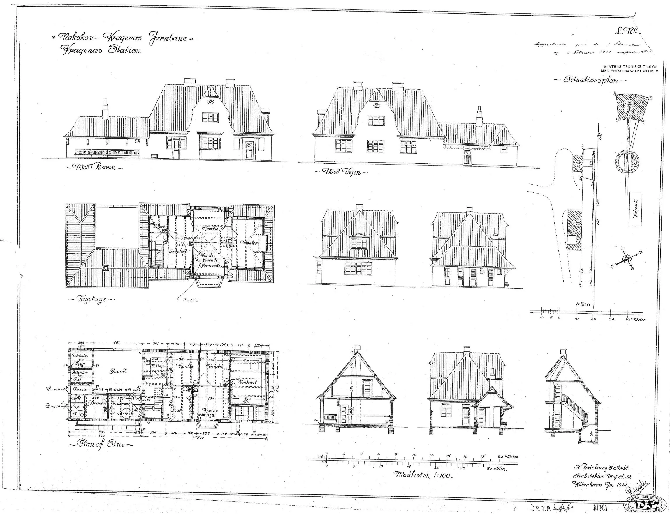 Tegning af Kragenæs Stationsbygning signeret af: A. Preisler og E. Ambt.