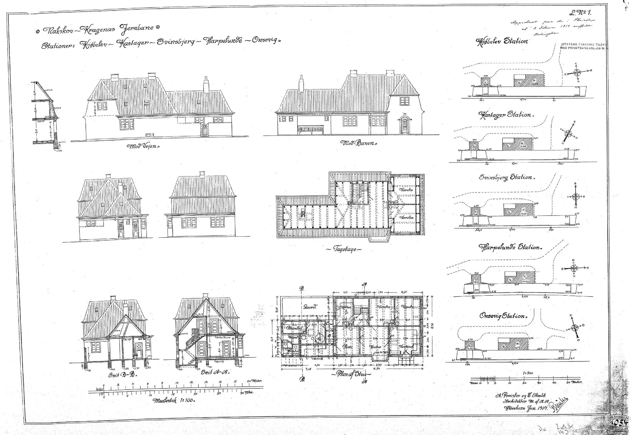 Tegning af Kastager Station. Sign.: A. Preisler og E. Ambt.