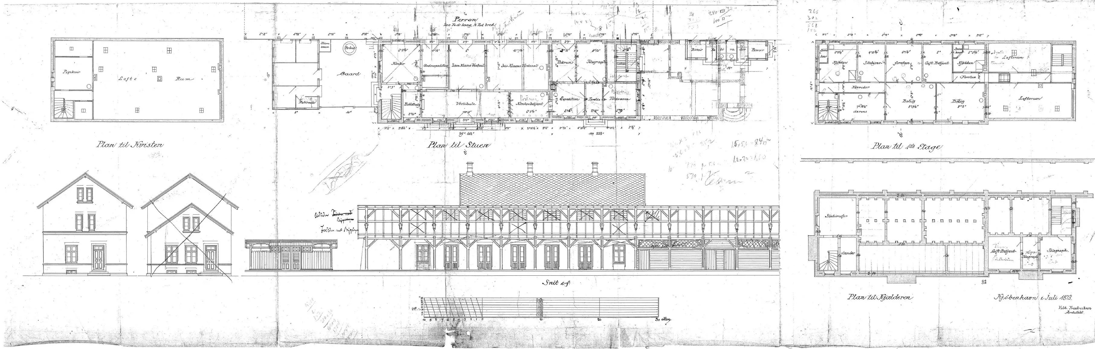 Tegning af Rødby Stationsbygning. Sign. af Vilh. Friedrichsen.