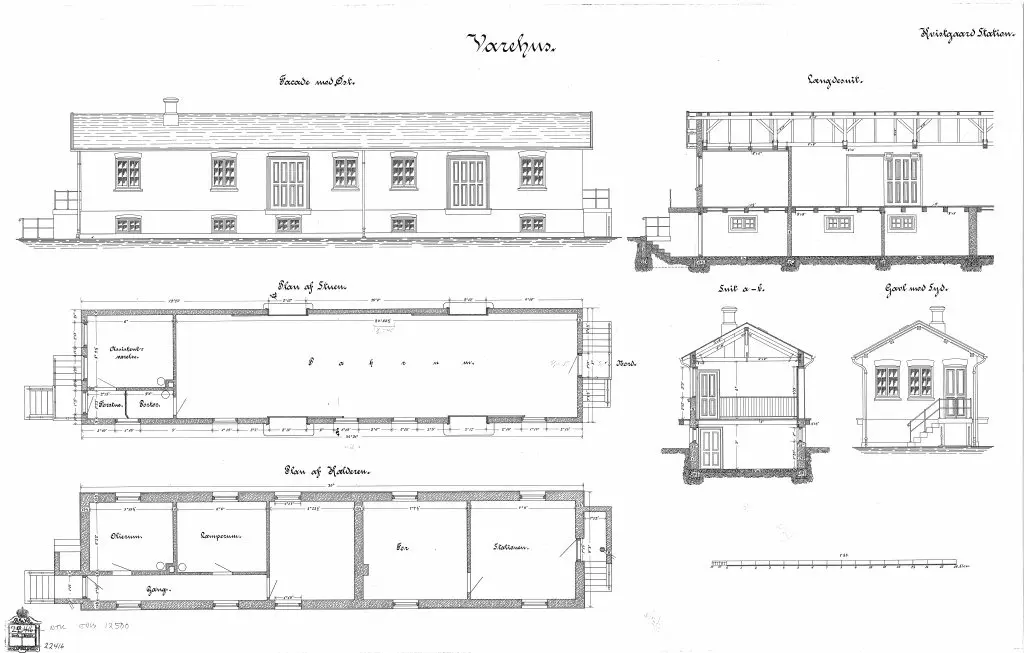 Tegning af Kvistgård Stations pakhus.