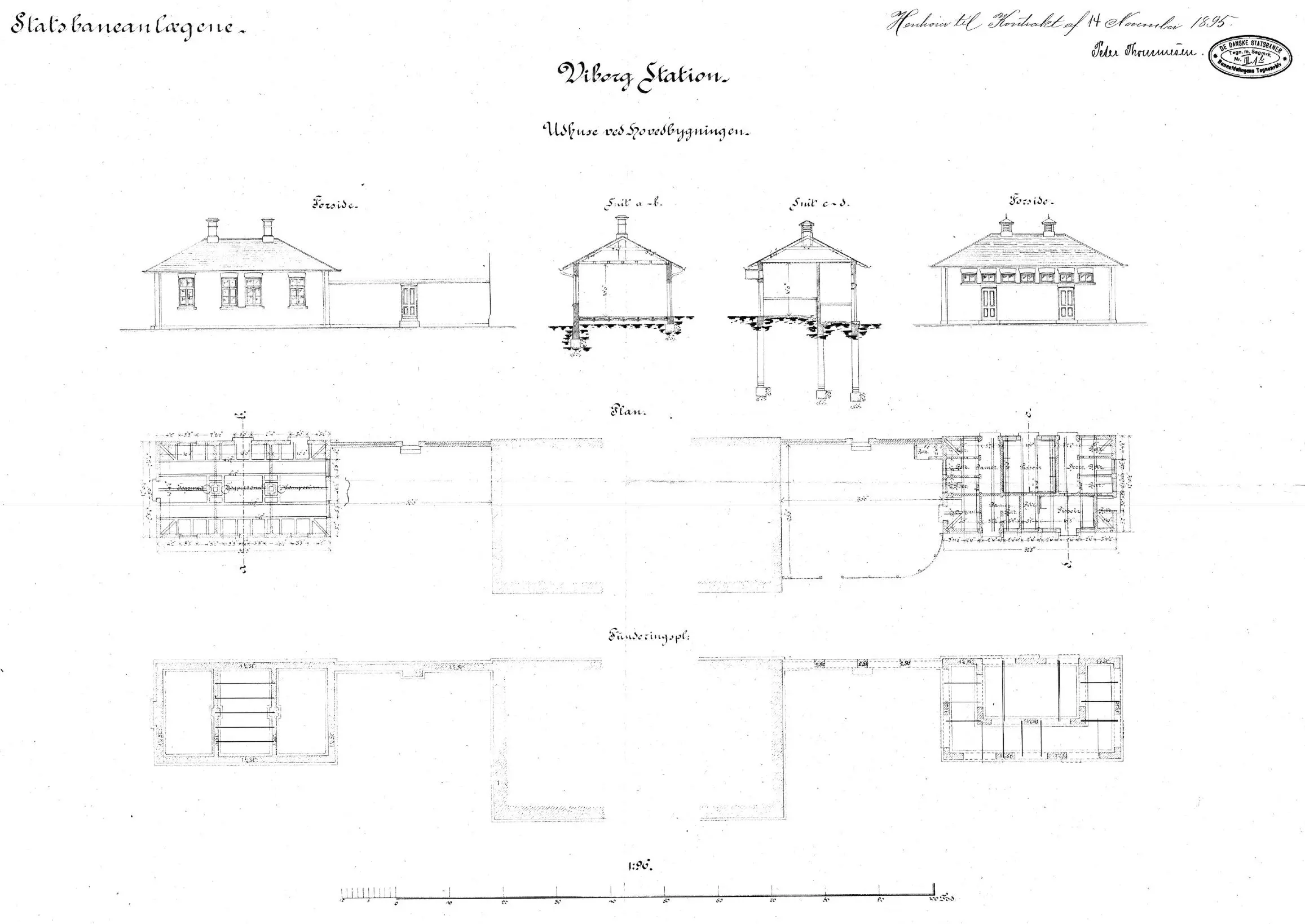 Tegning af Udhuse ved Viborg Station.