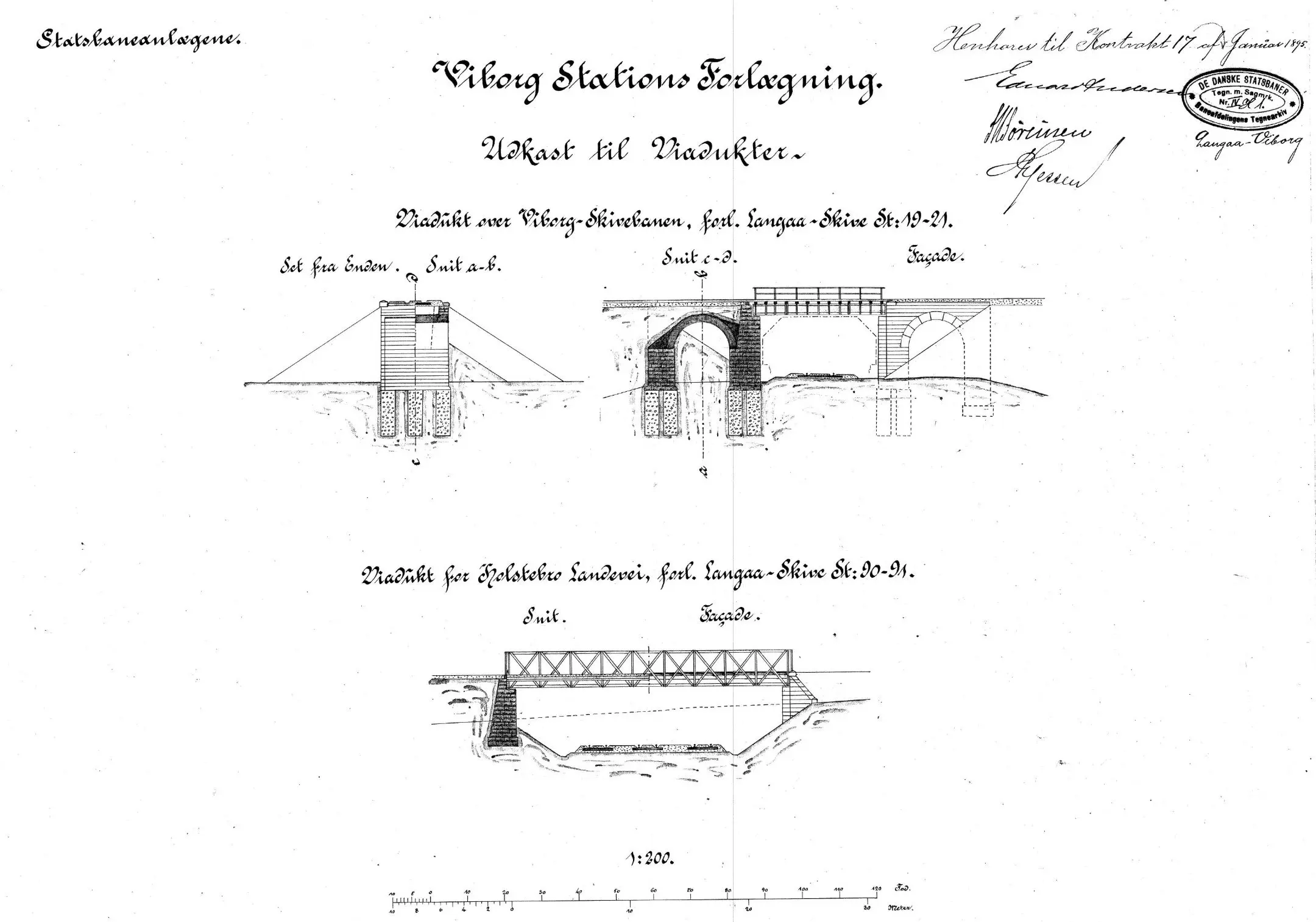 Tegning af Viborg Stations forlægning. Udkast til viadukter: Viadukt over Viborg - Skive banen, forl. Langå - skive. st. 19-21. Viadukt for Holstebro Landevej, forl. Langå - Skive st. 90-91.