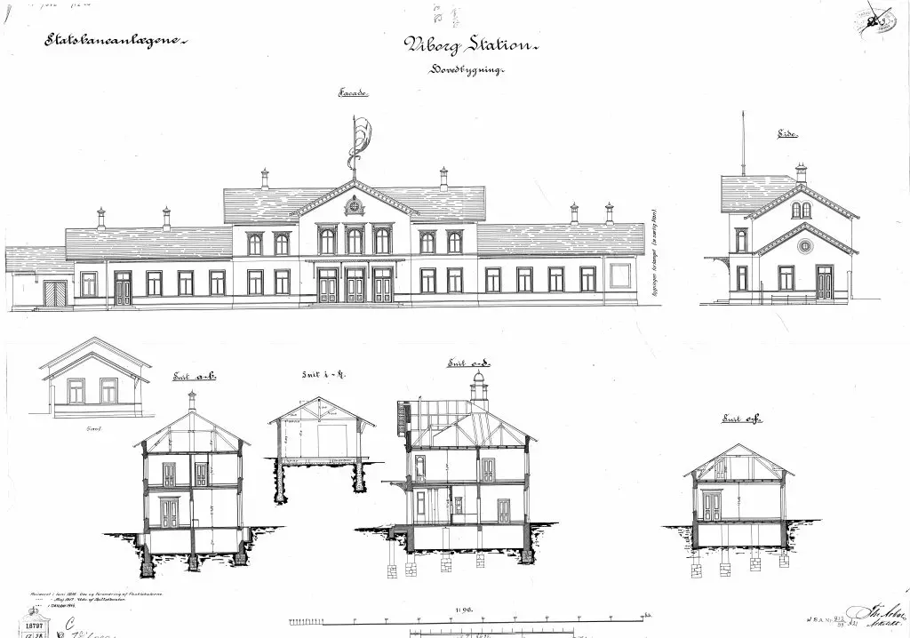 Tegning af Viborg Station. Sign. Th. Arboe.