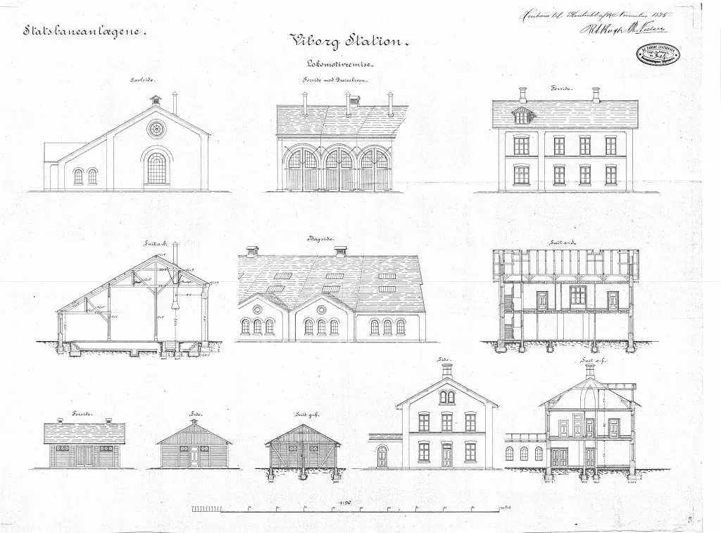 Tegning af Viborg Stations remise. Tegning af Viborg Stations remise.