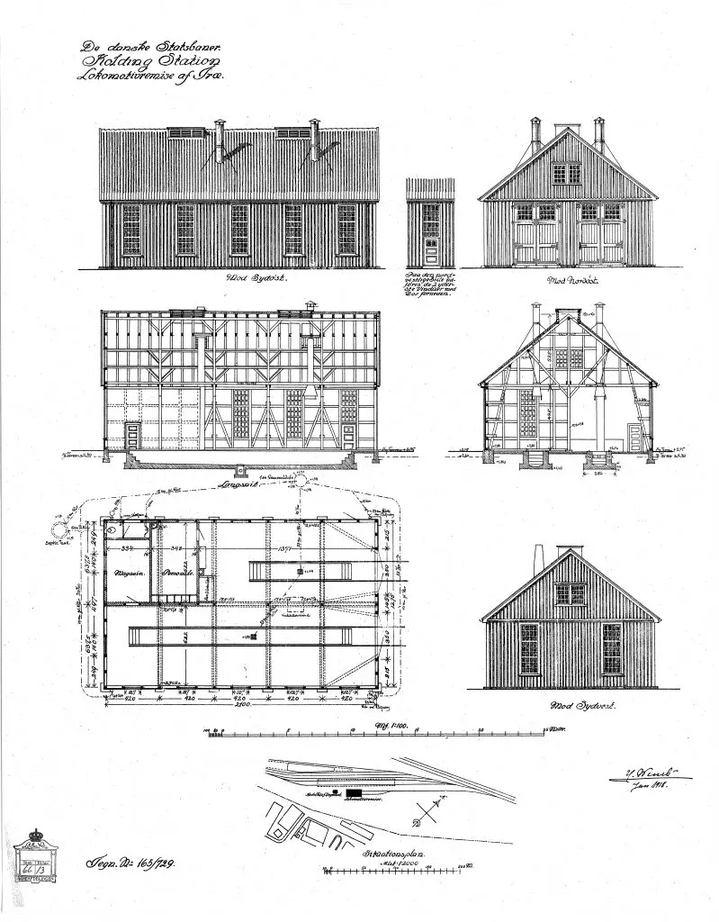 Tegning af Kolding Banegårds Lokomotivremise af træ. Sign.: H. Wenck.