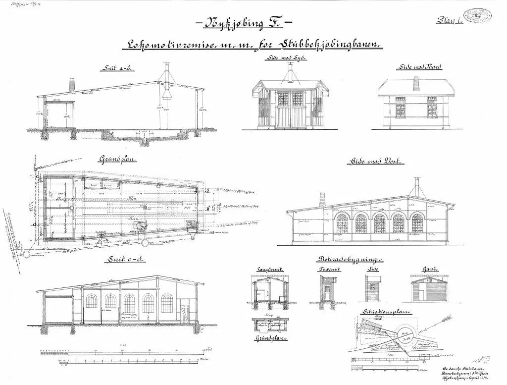 Tegning af Nykøbing Falster Stations remise m.v.