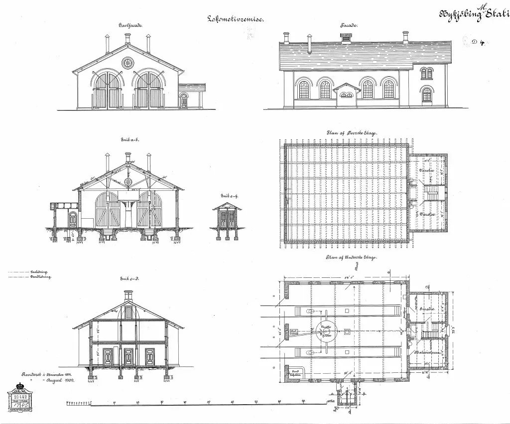 Tegning af Nykøbing Mors Stations remise. Tegning af Nykøbing Mors Stations remise.