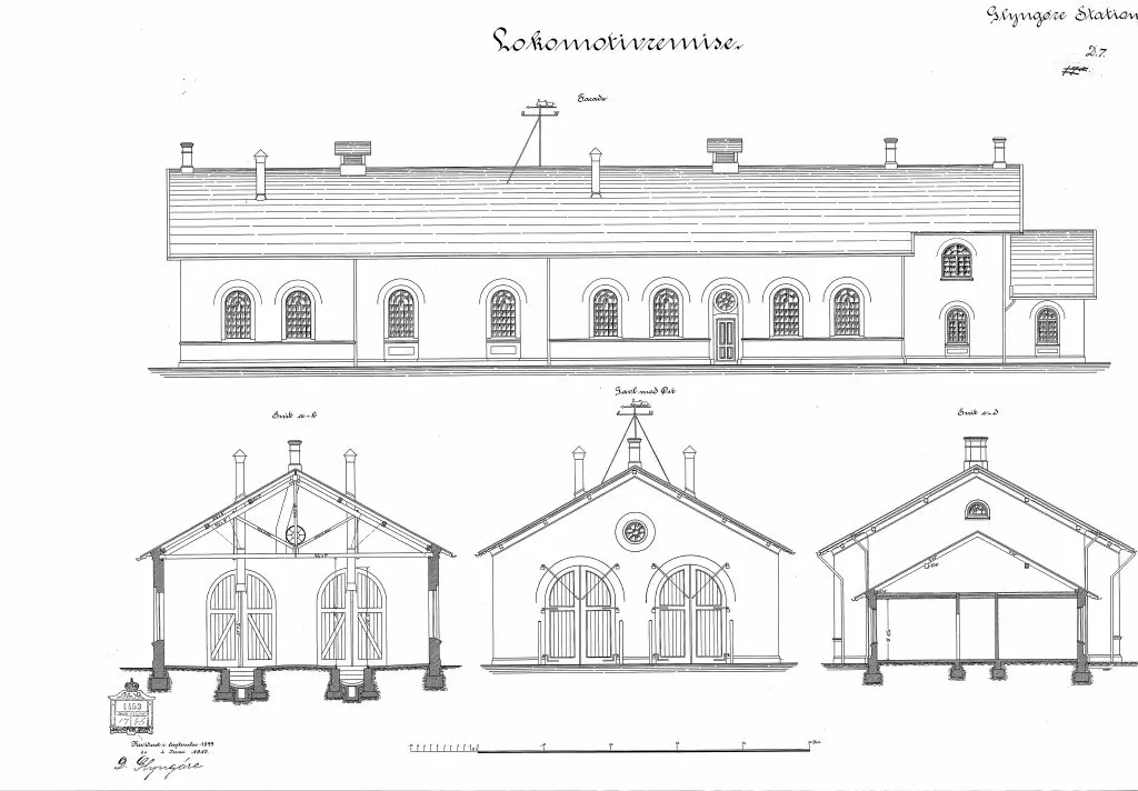 Tegning af Glyngøre Stations remise. Tegning af Glyngøre Stations remise.