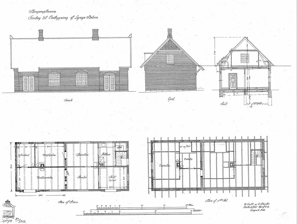 Forslag til ombygning af Lynge Station. Sign.: E. Ambt og A. Preisler.