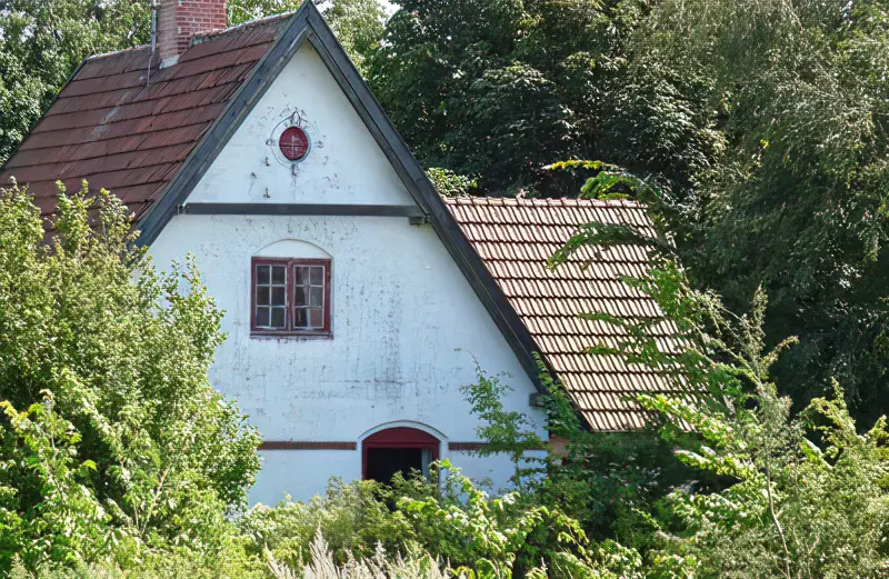 Billede af Det nedlagte Kelstrup Trinbræt, her er den gamle stationsbygning i Kelstrup - delvist dækket af træer.