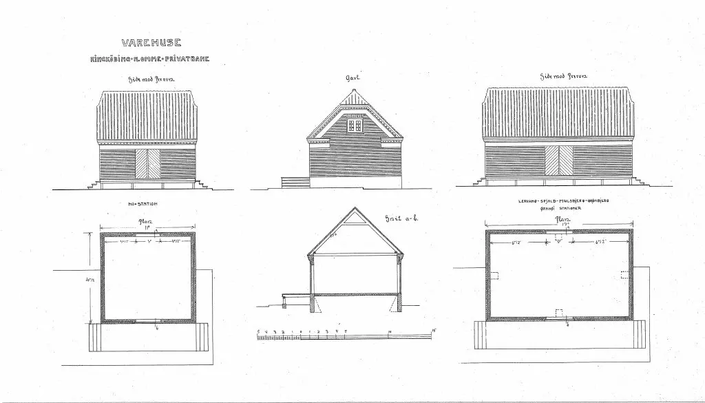 Tegning af Muldbjerg Stations pakhus.