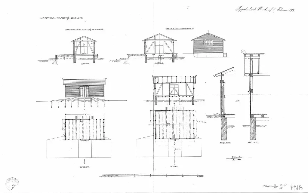 Tegning af det planlagte Næstelsø pakhus, som ikke blev til noget, da man kun anlagde Næstelsø Trinbræt med Sidespor. Sign.: H. Wenck. Tegning af det planlagte Næstelsø pakhus, som ikke blev til noget, da man kun anlagde Næstelsø Trinbræt med Sidespor. Sign.: H. Wenck.