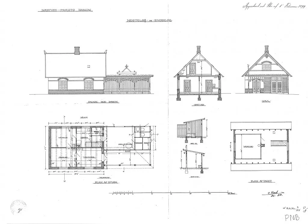 Tegning af den planlagte Næstelsø Station, som ikke blev til noget, men blev erstattet af Næstelsø Trinbræt med Sidespor. Sign.: H. Wenck. Tegning af den planlagte Næstelsø Station, som ikke blev til noget, men blev erstattet af Næstelsø Trinbræt med Sidespor. Sign.: H. Wenck.
