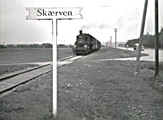 Billede af badetog, som ankommer til Skærven Trinbræt - her set i retning mod Knudshoved Billede af badetog, som ankommer til Skærven Trinbræt - her set i retning mod Knudshoved