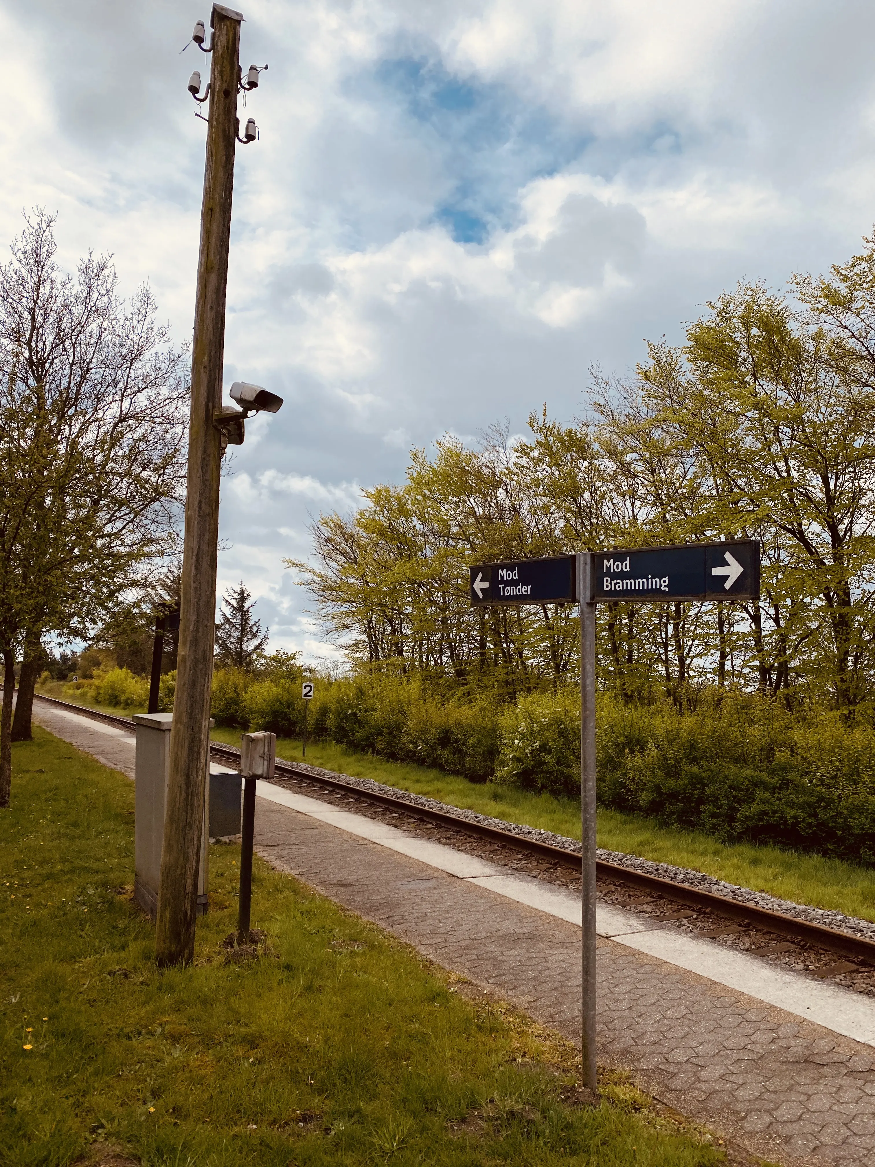 Billede af den eneste rest fra Rejsby Station, som er en enkelt telefonpæl fra strækningstelefonen.