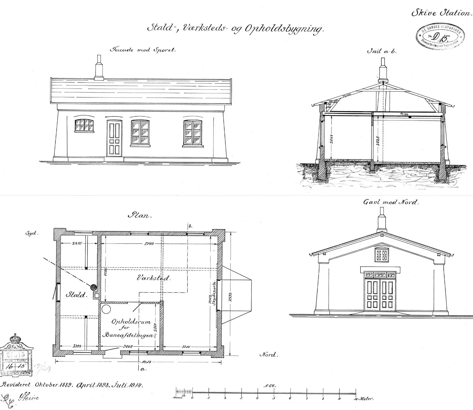 Tegning af Skive Stations Stald-, værksteds- og opholdsbygning.