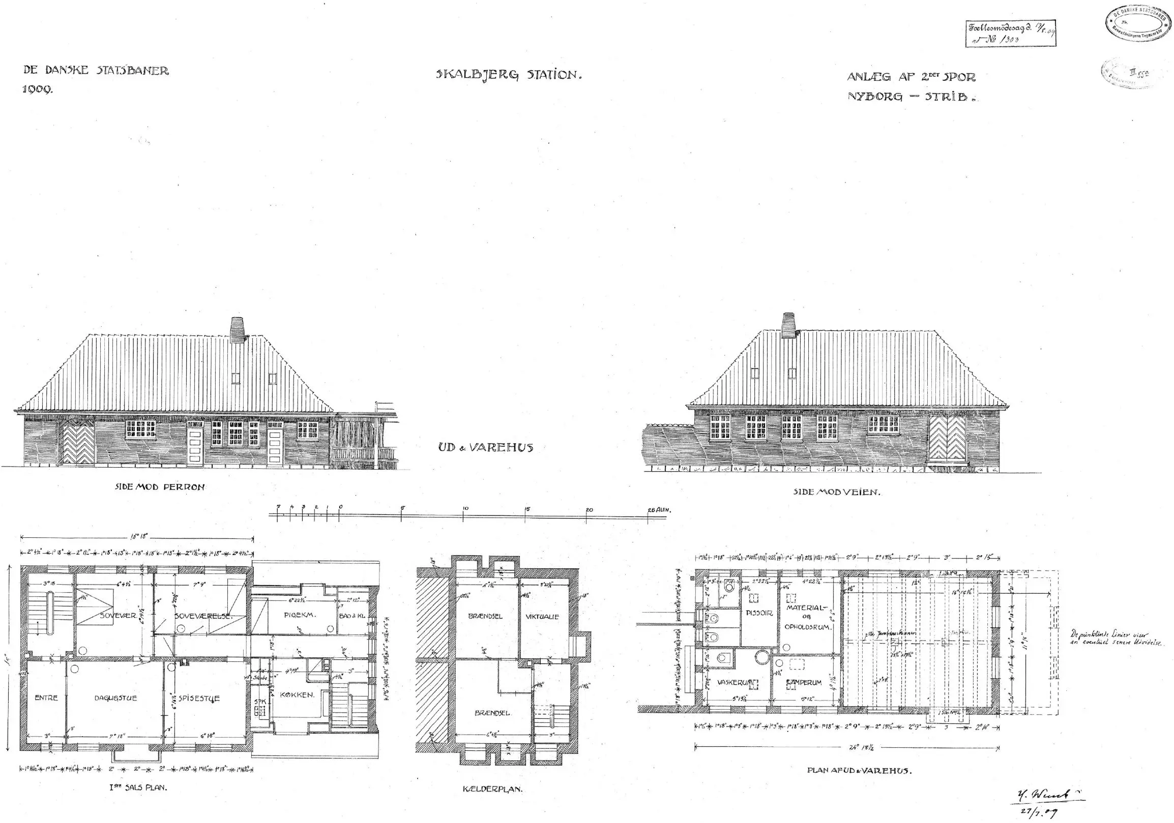 Tegning af Skalbjerg Stations pakhus. Tegning af Skalbjerg Stations pakhus.