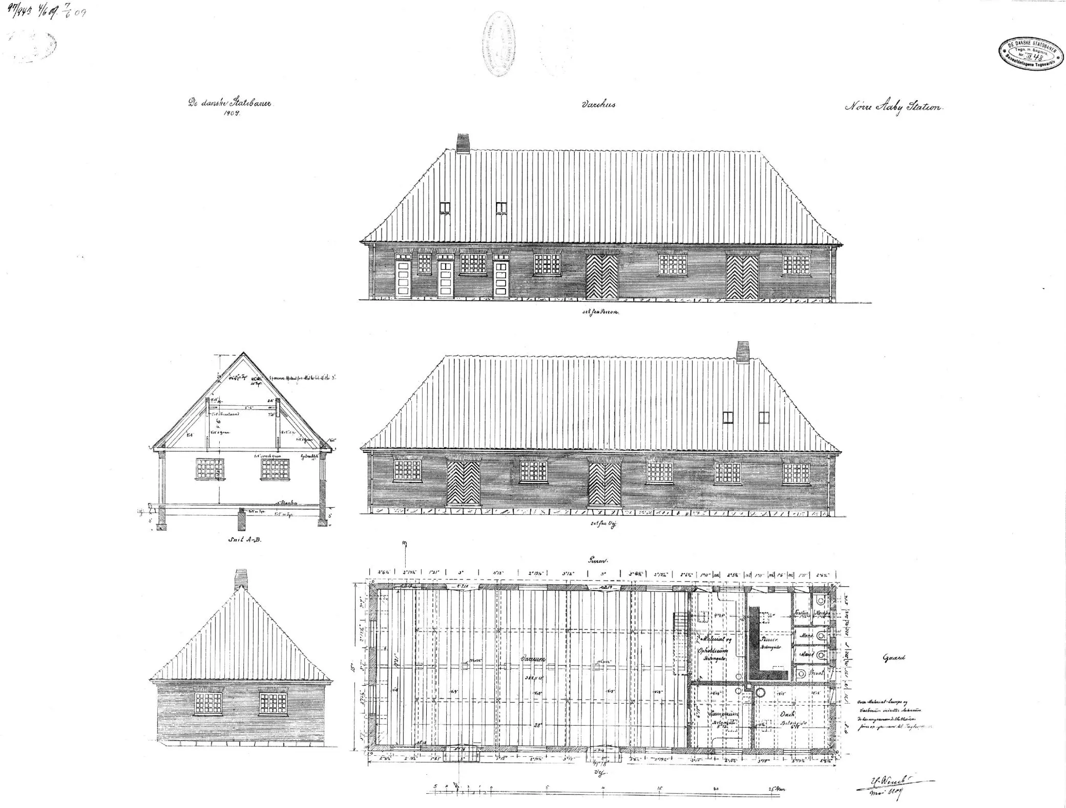 Tegning af Nørre Aaby Stations pakhus. Tegning af Nørre Aaby Stations pakhus.