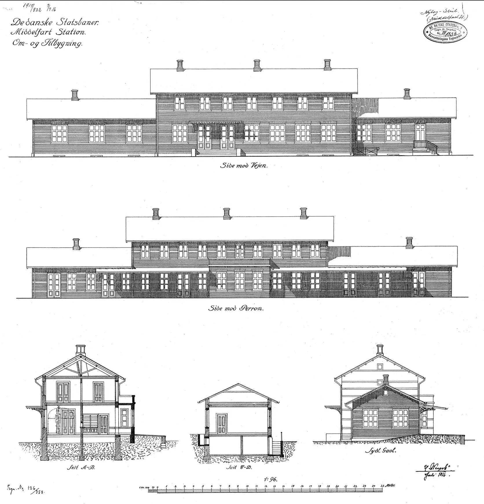 Tegning af om- og tilbygning af Middelfart Station. SIgn.: H. Wenck.