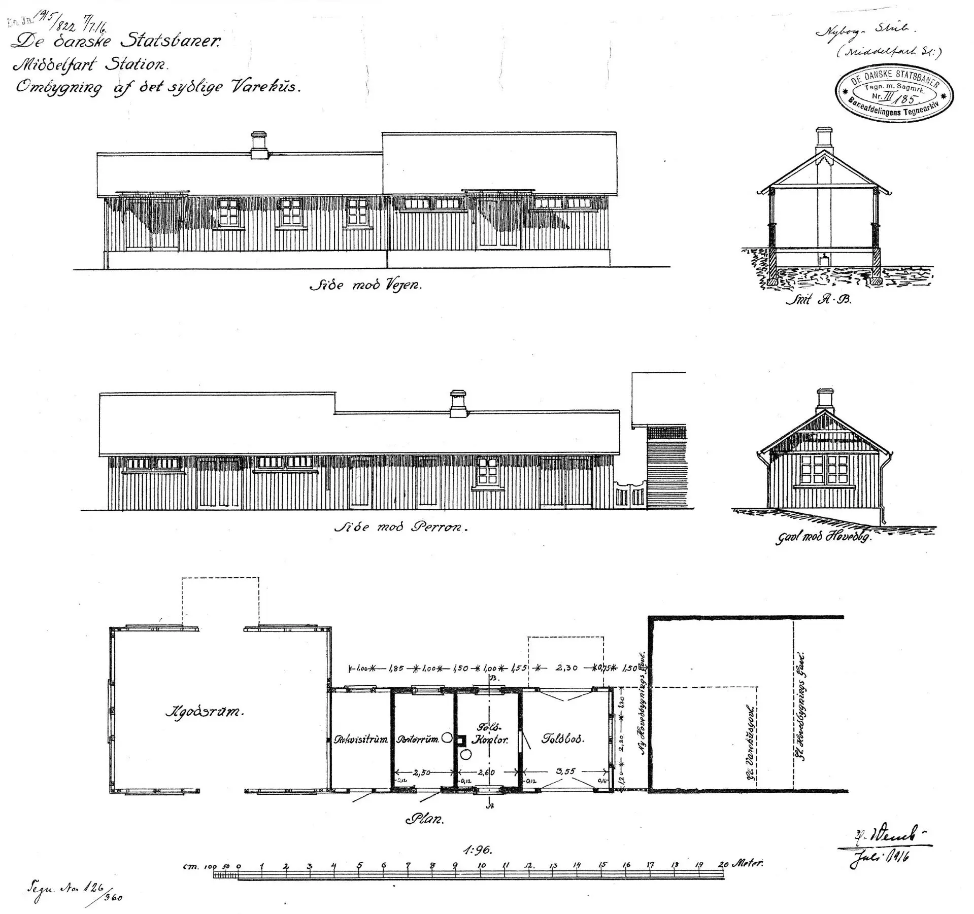 Tegning af ombygning af det sydlige varehus ved Middelfart Station. Sign.: H. Wenck.