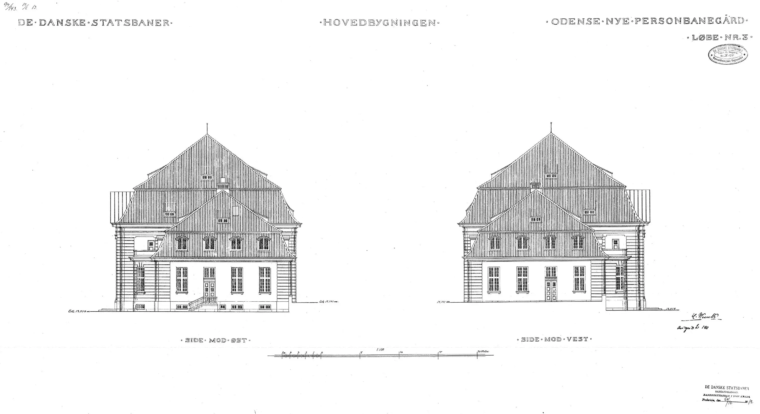 Tegning af Odense Banegård. Tegning af Odense Banegård.