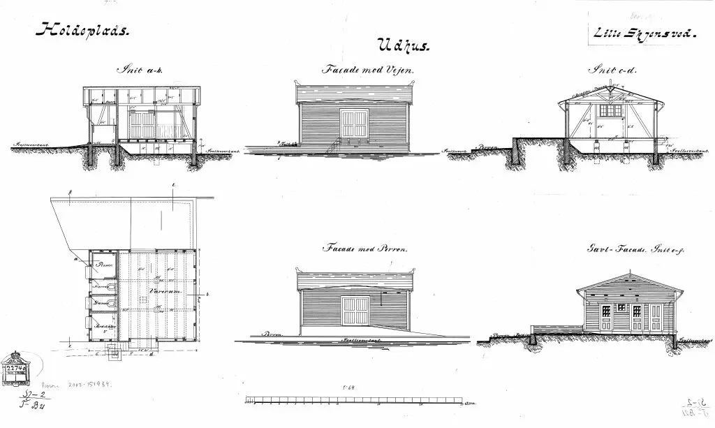 Tegning af udhus ved Lille Skensved Station. Tegning af udhus ved Lille Skensved Station.