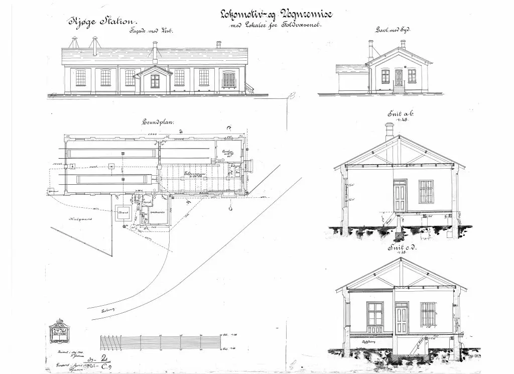 Tegning af Køge Stations Lokomotiv- og vognremise med lokaler for Toldvæsenet.