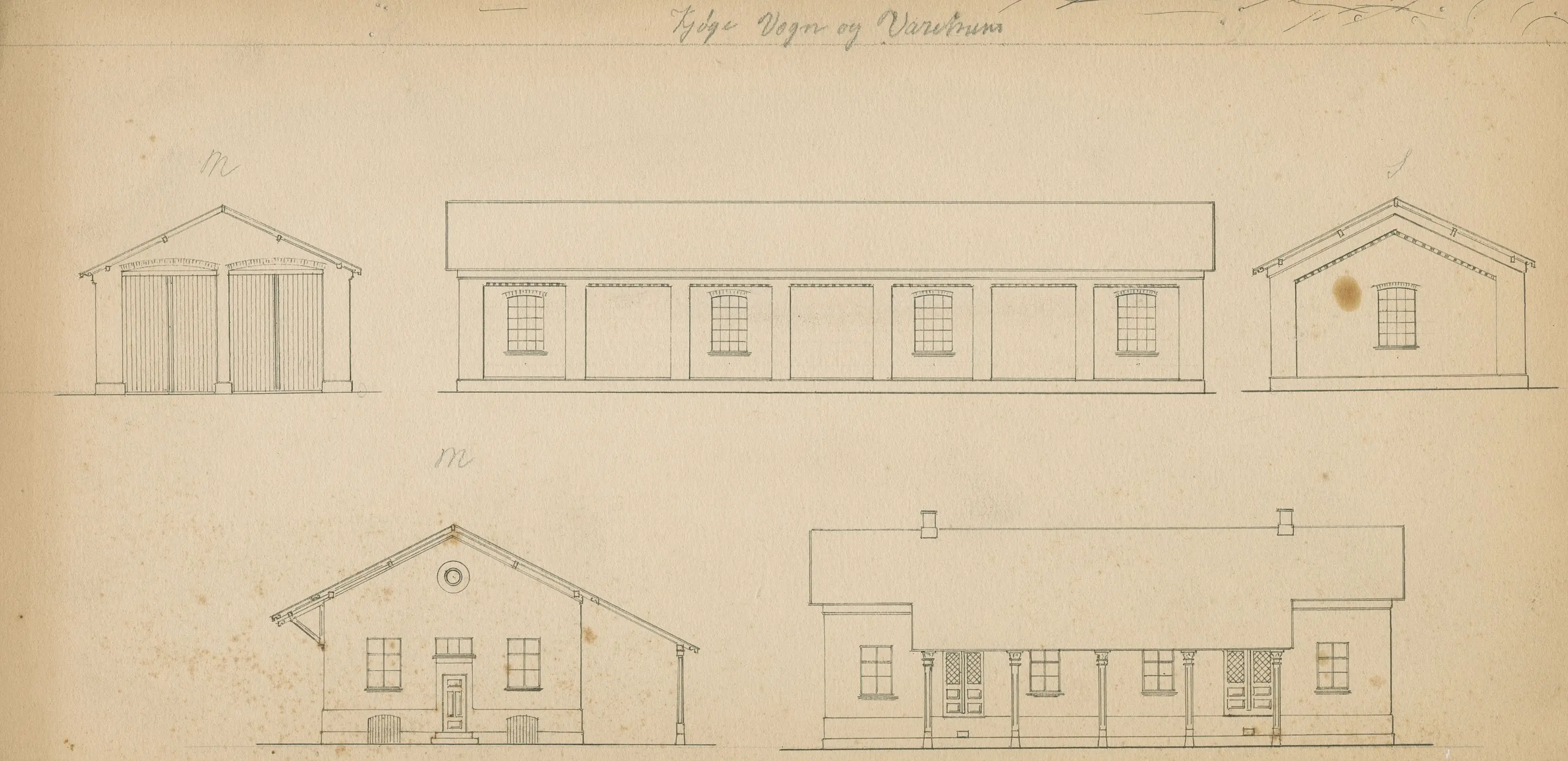 Tegning af Køge Stations Vognhus og varehus. Tegning af Køge Stations Vognhus og varehus.