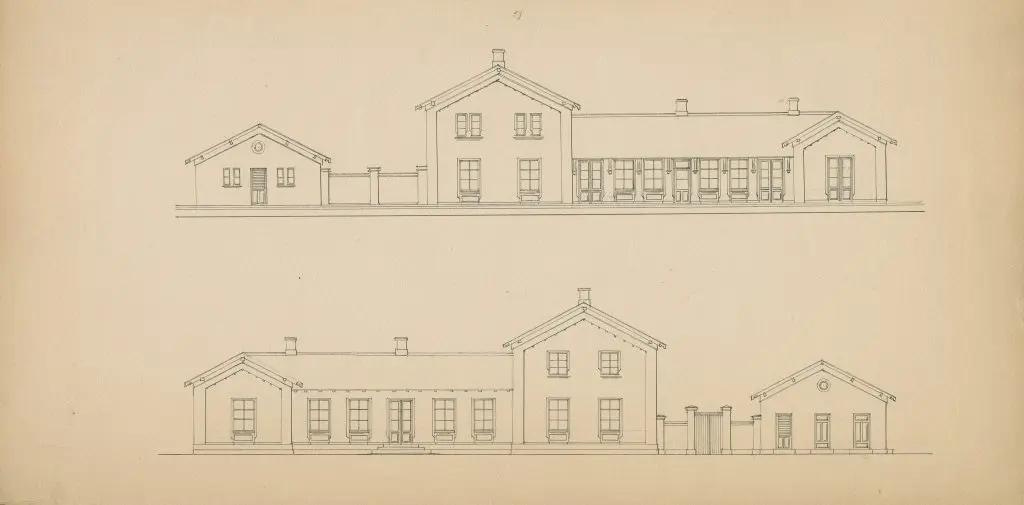 Tegning af Haslev Station. Tegning af Haslev Station.