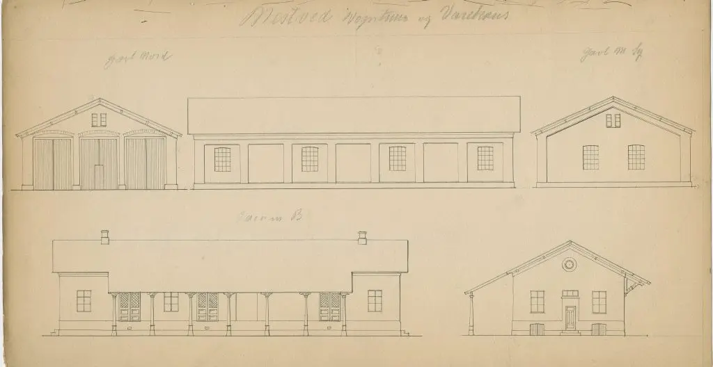 Tegning af Næstved Stations Vognhus og varehus. Tegning af Næstved Stations Vognhus og varehus.