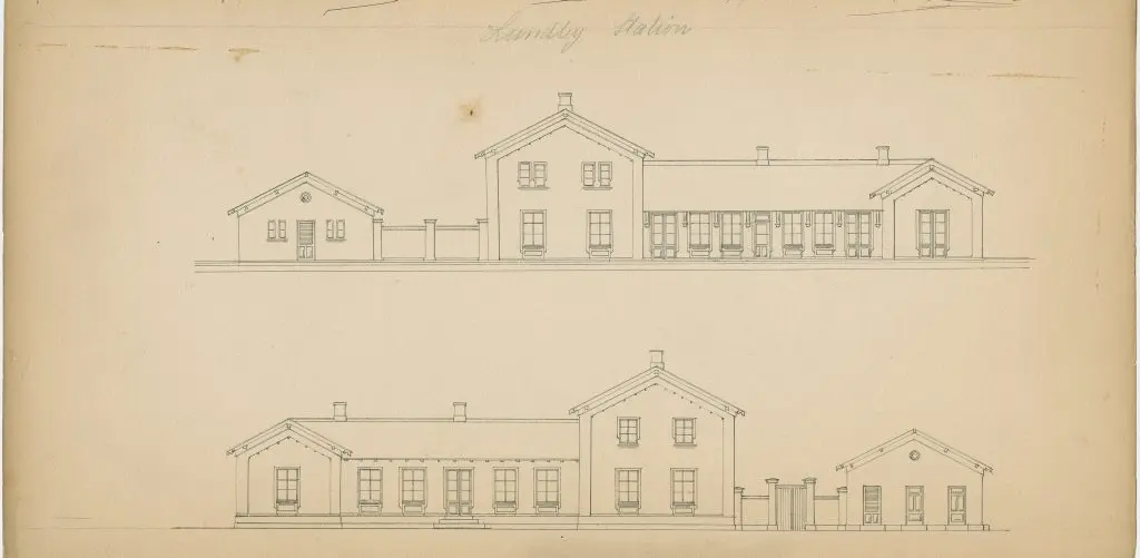 Tegning af Lundby Station.