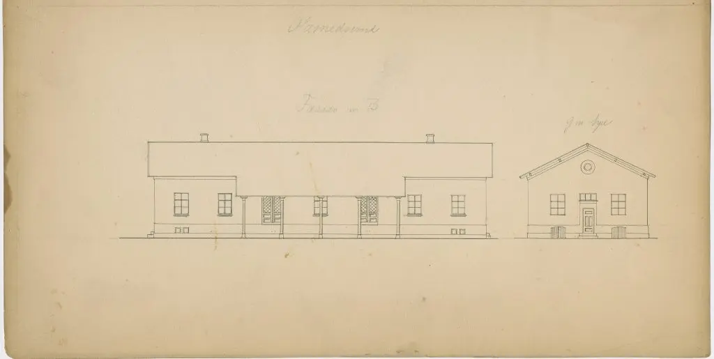 Tegning af Masnedsund Stations pakhus.