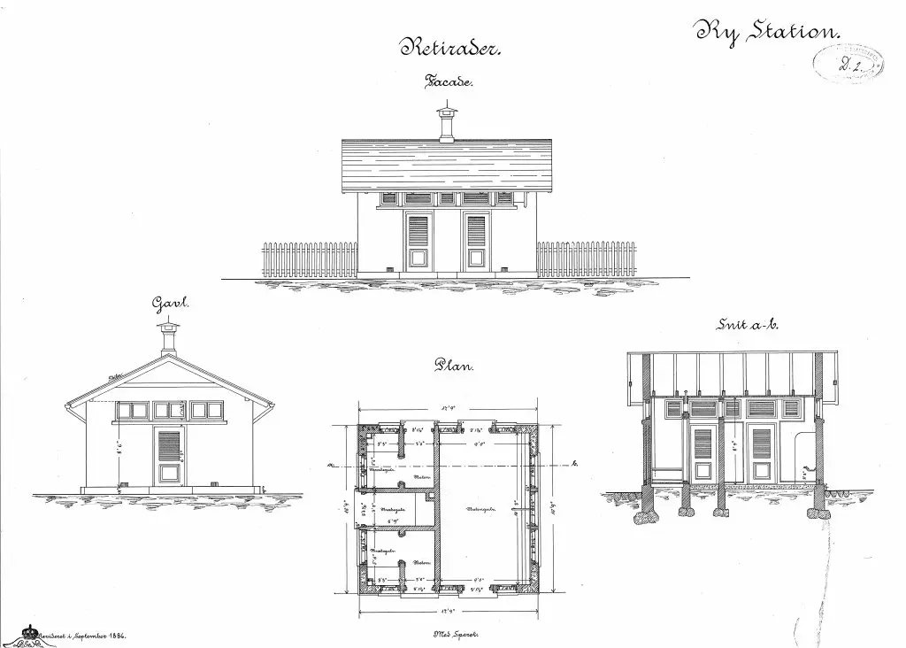 Tegning af Ry Stations retirade.