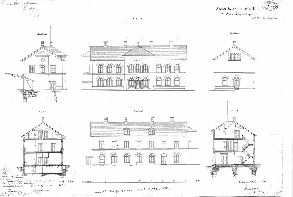 Tegning af posthuset ved Frederikshavn Station. Tegning af posthuset ved Frederikshavn Station.