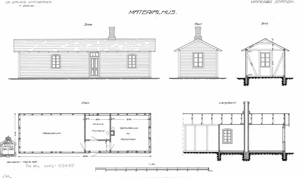 Tegning af Vipperød Stations Materialhus. Tegning af Vipperød Stations Materialhus.
