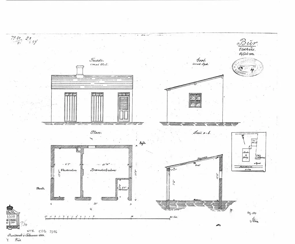 Tegning af Bur Billetsalgssteds Udhus opført 1893. Sign.: Stein.