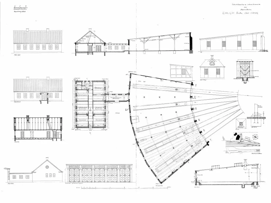 Tegning af Skjern Stations Opholdsbygning og lokomotivremise. Sign.: Seest.